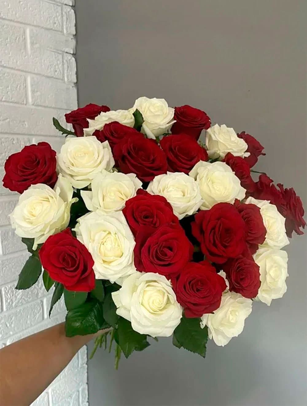 31 роза микс: красная и белая — фото 1 — купить в Краснодаре