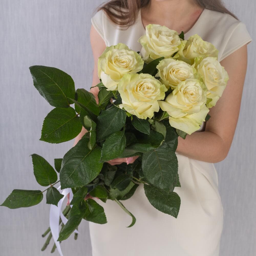 7 белых голландских роз 80 см — фото 1 — купить в Краснодаре