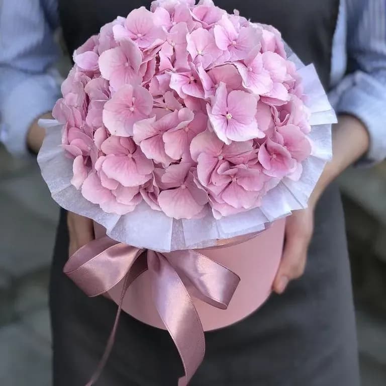 Розовая гортензия в шляпной коробке