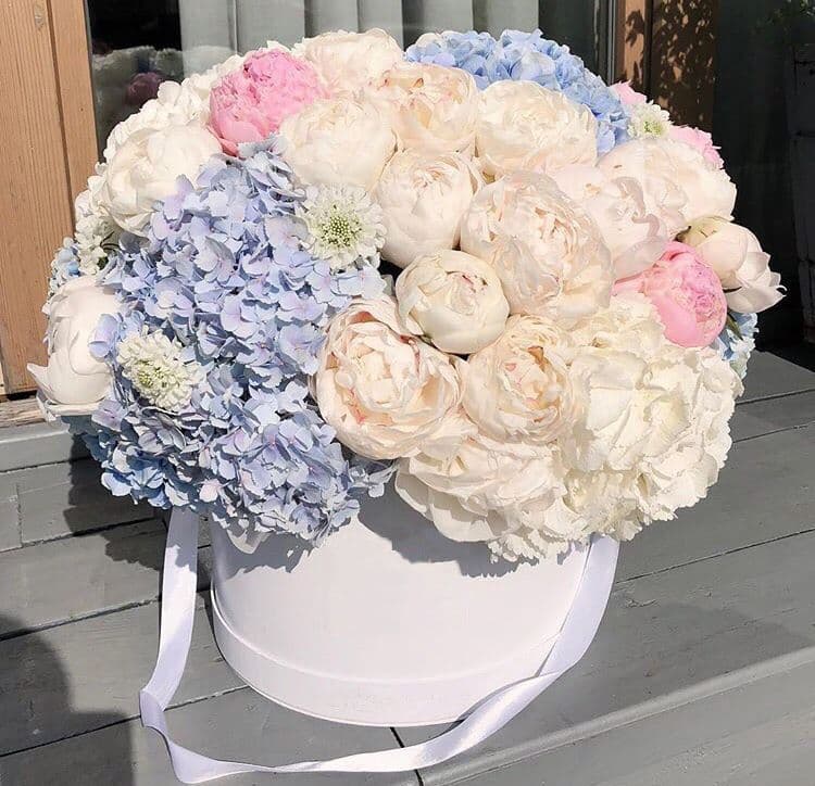 Шляпная коробка с гортензией и пионами — купить в Ростове-на-Дону